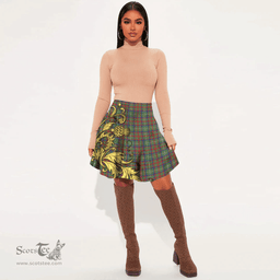 Scottish Shaw Green Modern Tartan Womens Mini Skirt Scotland Luxury Golden Thistle Skirt