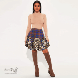 Scottish Chisholm Hunting Modern Tartan Womens Mini Skirt Scotland Royal Golden Thistle Skirt
