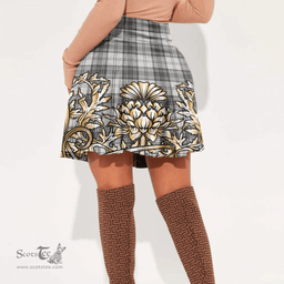 Scottish Douglas Grey Modern Tartan Womens Mini Skirt Scotland Royal Golden Thistle Skirt