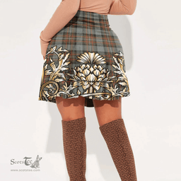 Scottish Fergusson Weathered Tartan Womens Mini Skirt Scotland Royal Golden Thistle Skirt