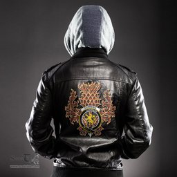 Scottish Cumming Hunting Weathered Clan Crest Scottish Thistle Tartan Leather Jacket