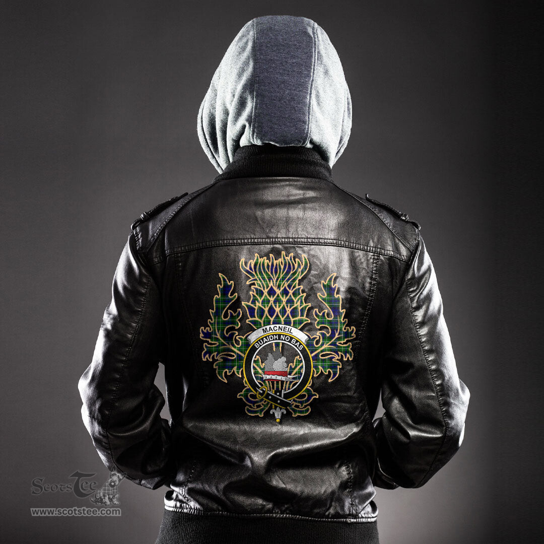 Scottish MacNeil of Colonsay Modern Clan Crest Scottish Thistle Tartan Leather Jacket