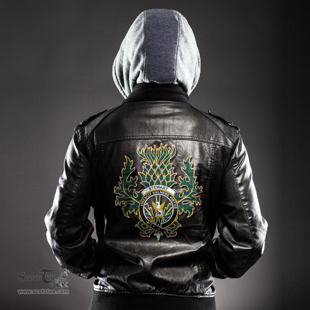 Scottish Stewart Hunting Modern Clan Crest Scottish Thistle Tartan Leather Jacket