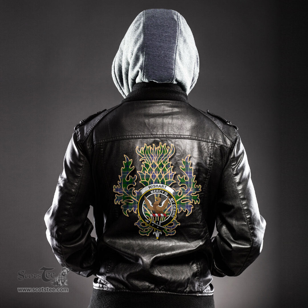 Scottish Wishart Hunting Modern Clan Crest Scottish Thistle Tartan Leather Jacket