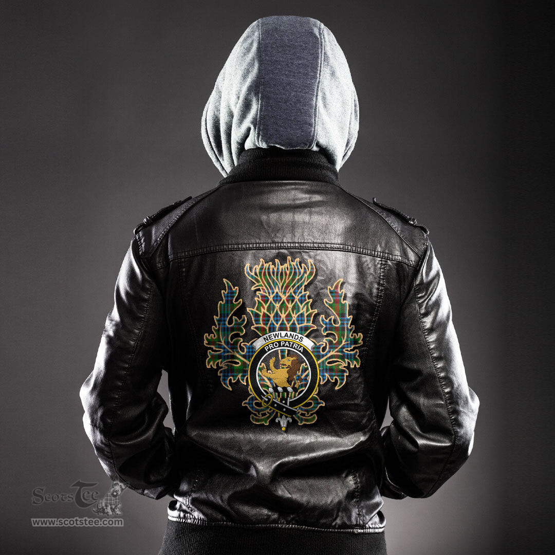 Scottish Newlands of Lauriston Clan Crest Scottish Thistle Tartan Leather Jacket