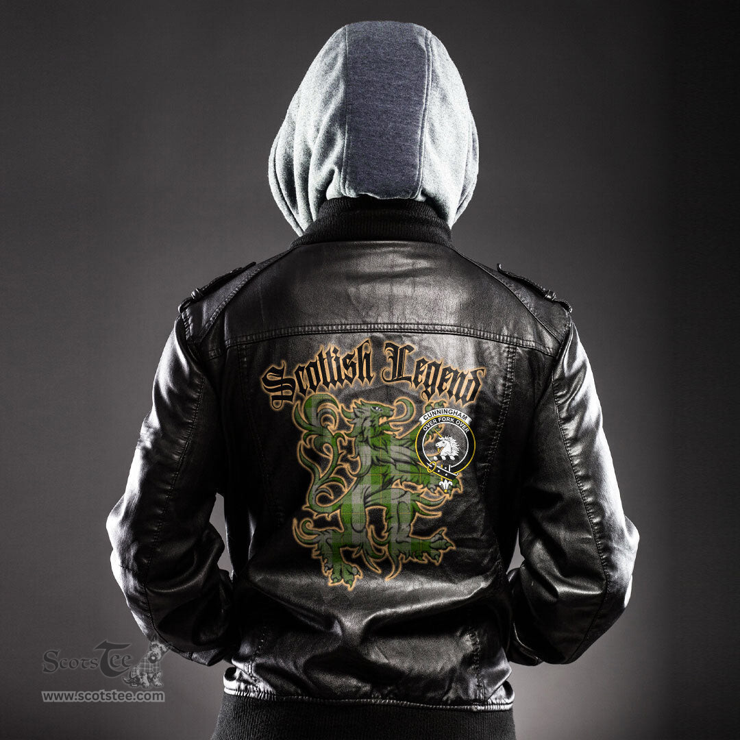 Scottish Cunningham Dress Green Dancers Clan Crest Scottish Legend Lion Tartan Leather Jacket