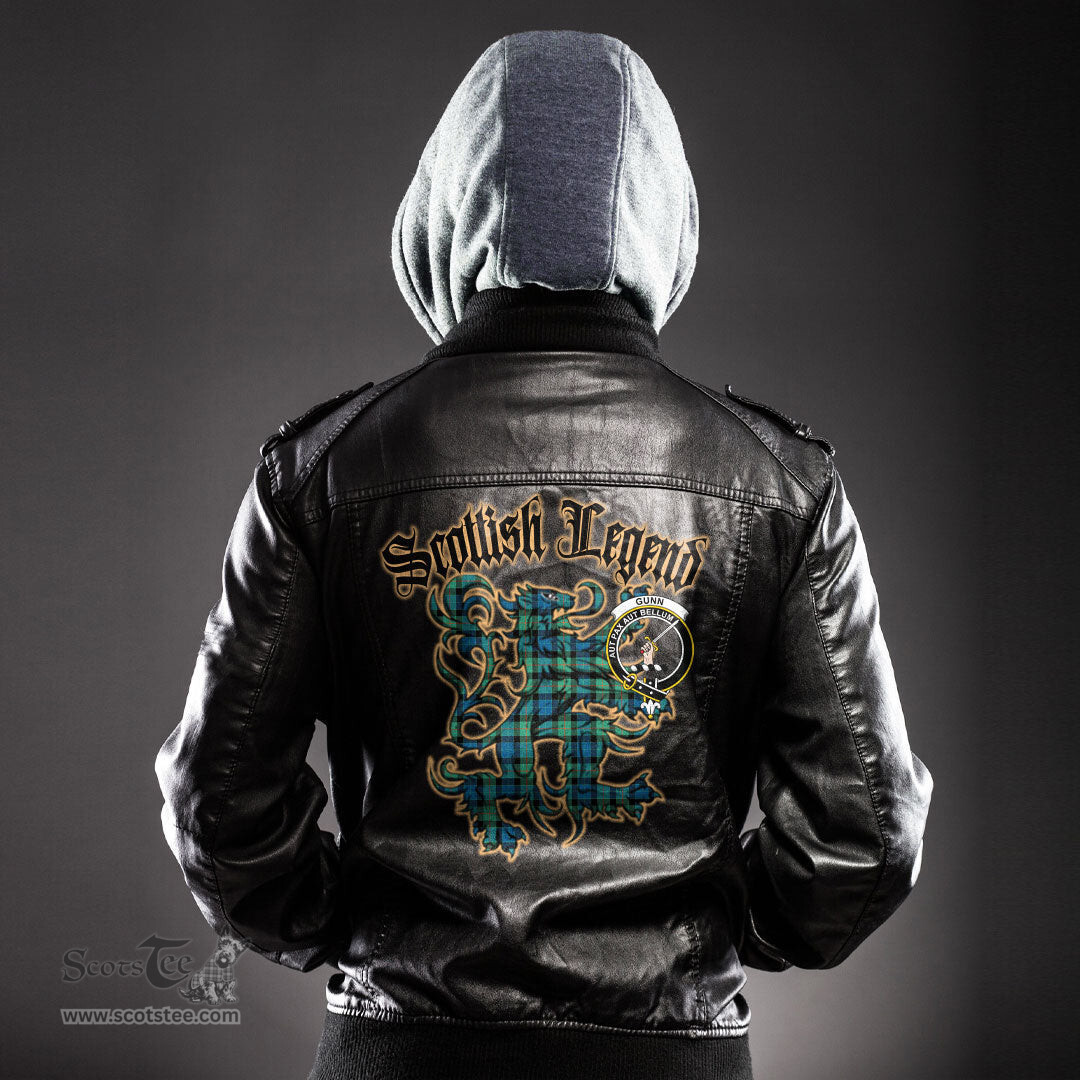 Scottish Gunn Ancient Clan Crest Scottish Legend Lion Tartan Leather Jacket
