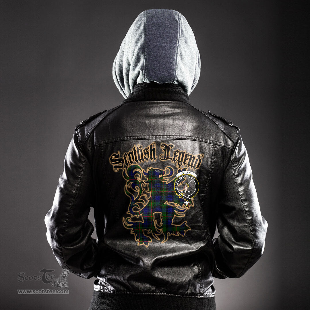 Scottish Gunn Modern Clan Crest Scottish Legend Lion Tartan Leather Jacket