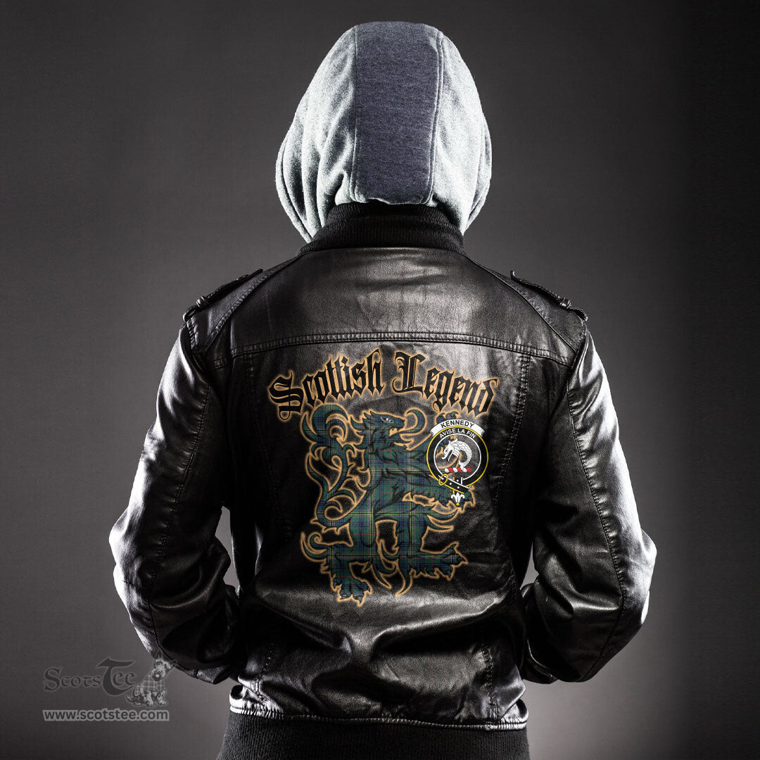 Scottish Kennedy Modern Clan Crest Scottish Legend Lion Tartan Leather Jacket