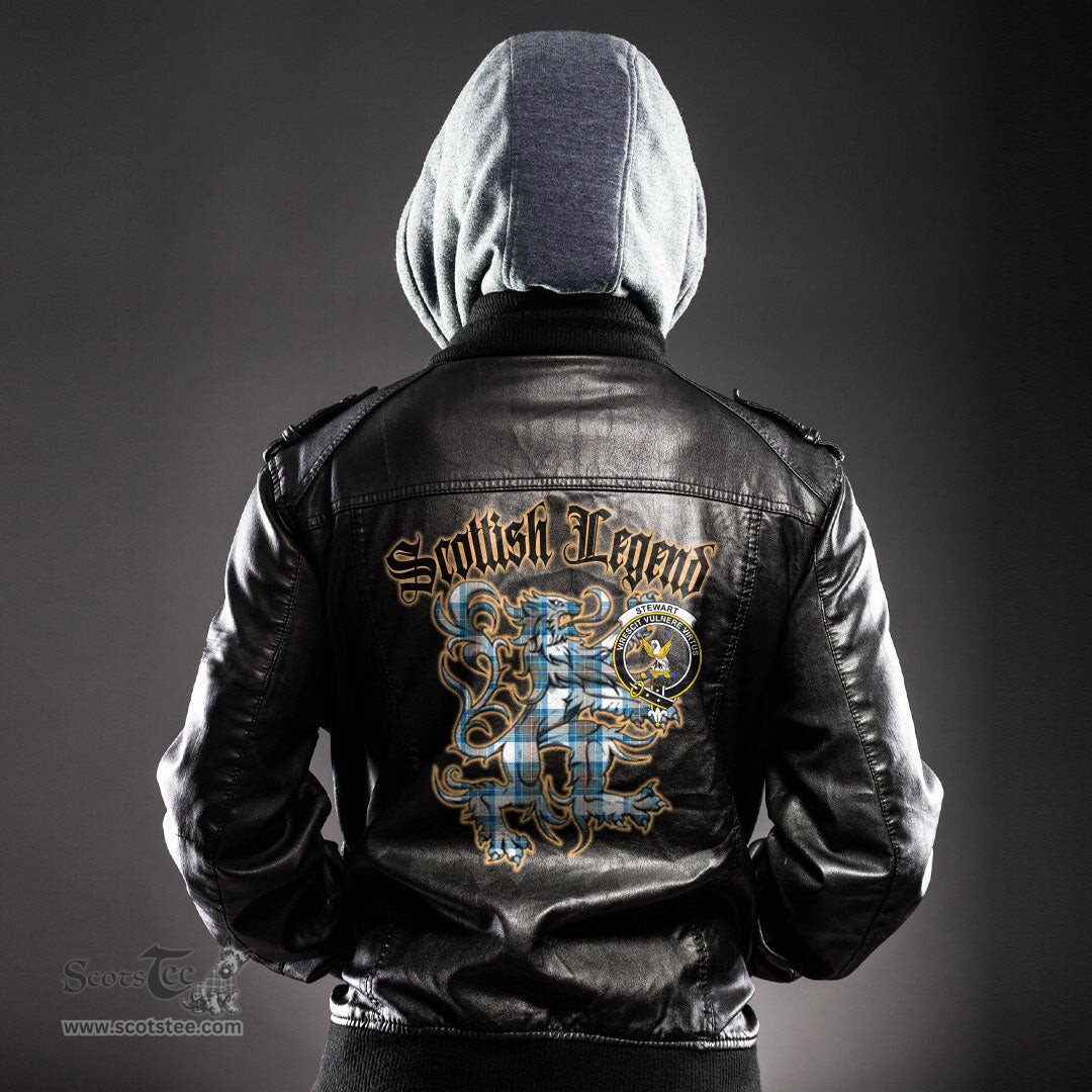 Scottish Stewart Muted Blue Clan Crest Scottish Legend Lion Tartan Leather Jacket