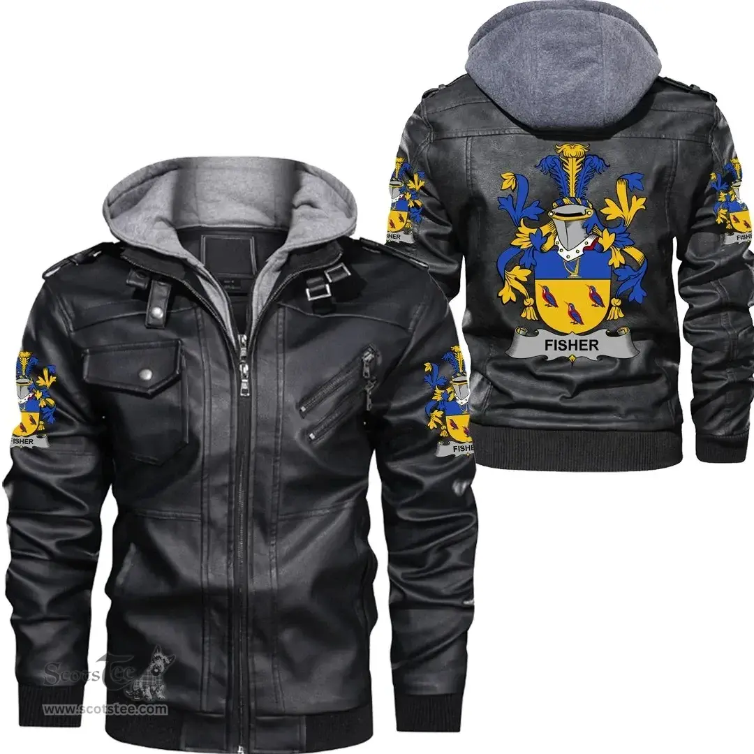 Irish Fisher Coat of Arms Family Crest Ireland Leather Jacket Irish Jackets