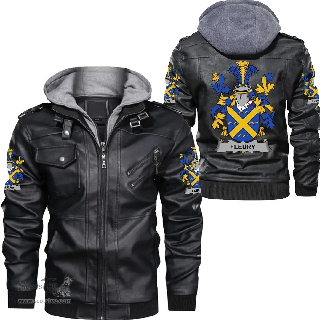 Irish Fleury Coat of Arms Family Crest Ireland Leather Jacket Irish Jackets