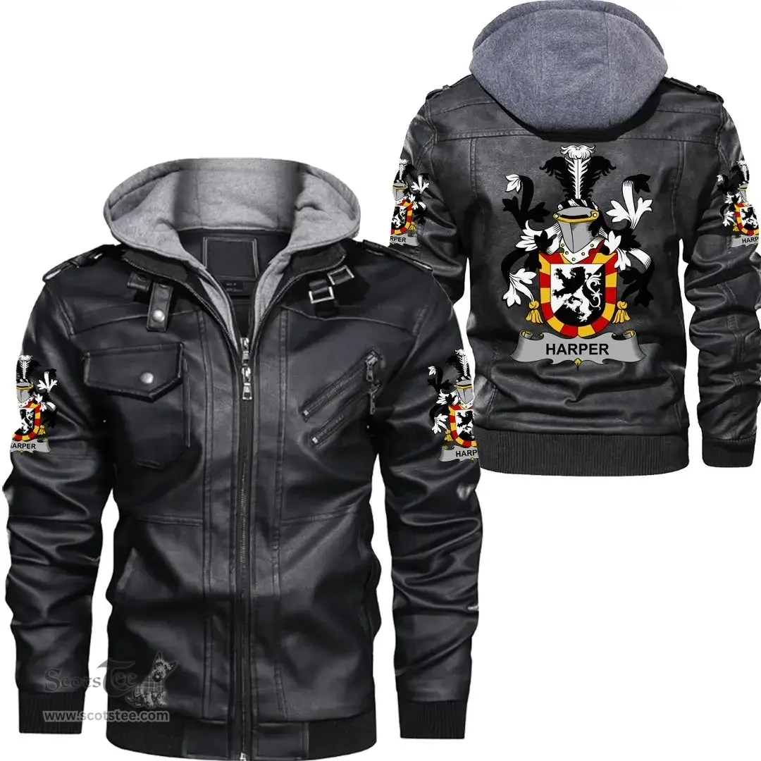 Irish Harper Coat of Arms Family Crest Ireland Leather Jacket Irish Jackets