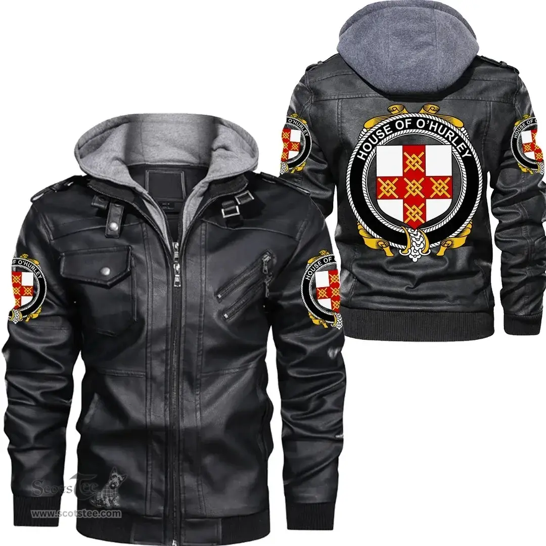 Irish House of O'HURLEY Coat of Arms Family Crest Ireland Leather Jacket Irish Jackets