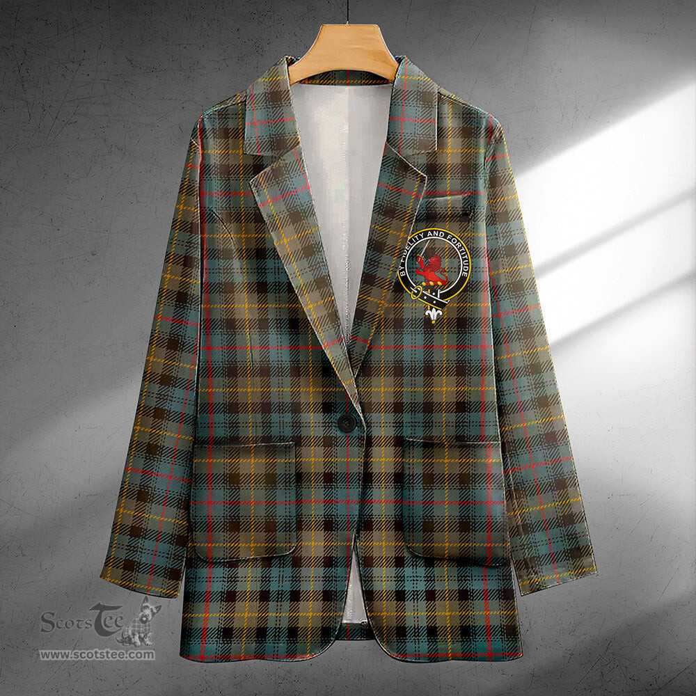 ScotsTee Shop Farquharson Weathered Clan Crest Casual Tartan Flat Lapel Collar Blazer Tartan Blazer Cotton