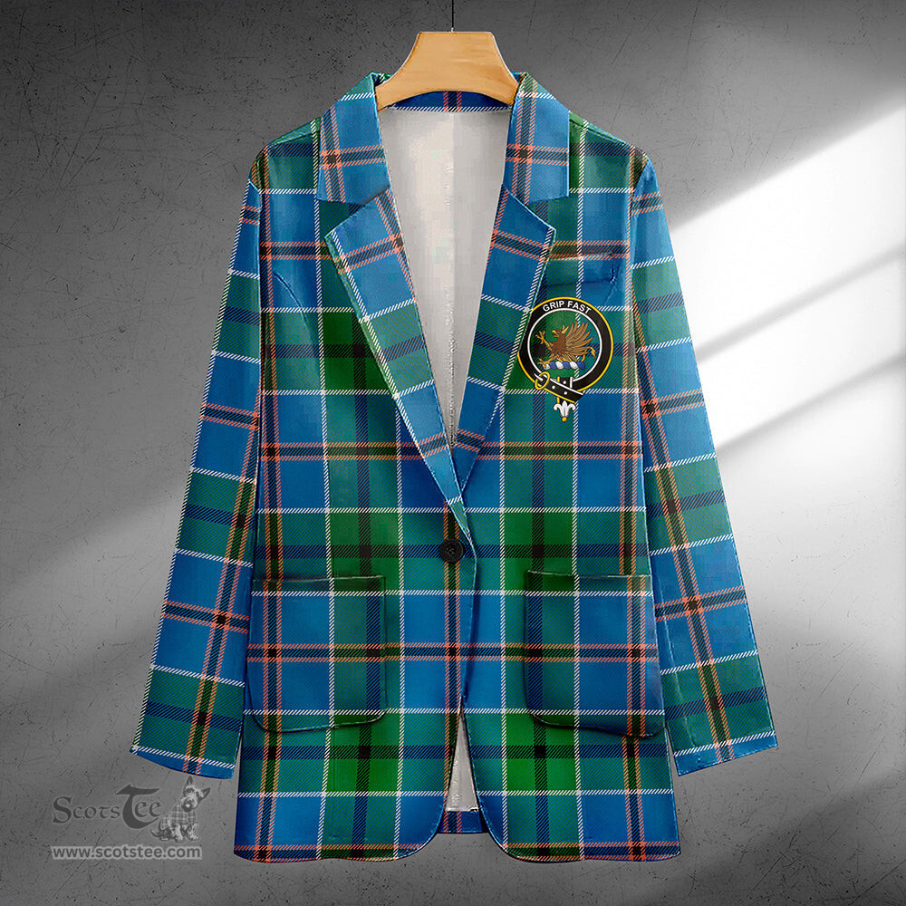 ScotsTee Shop Leslie of the Hebrides Ancient Clan Crest Casual Tartan Flat Lapel Collar Blazer Tartan Blazer Cotton