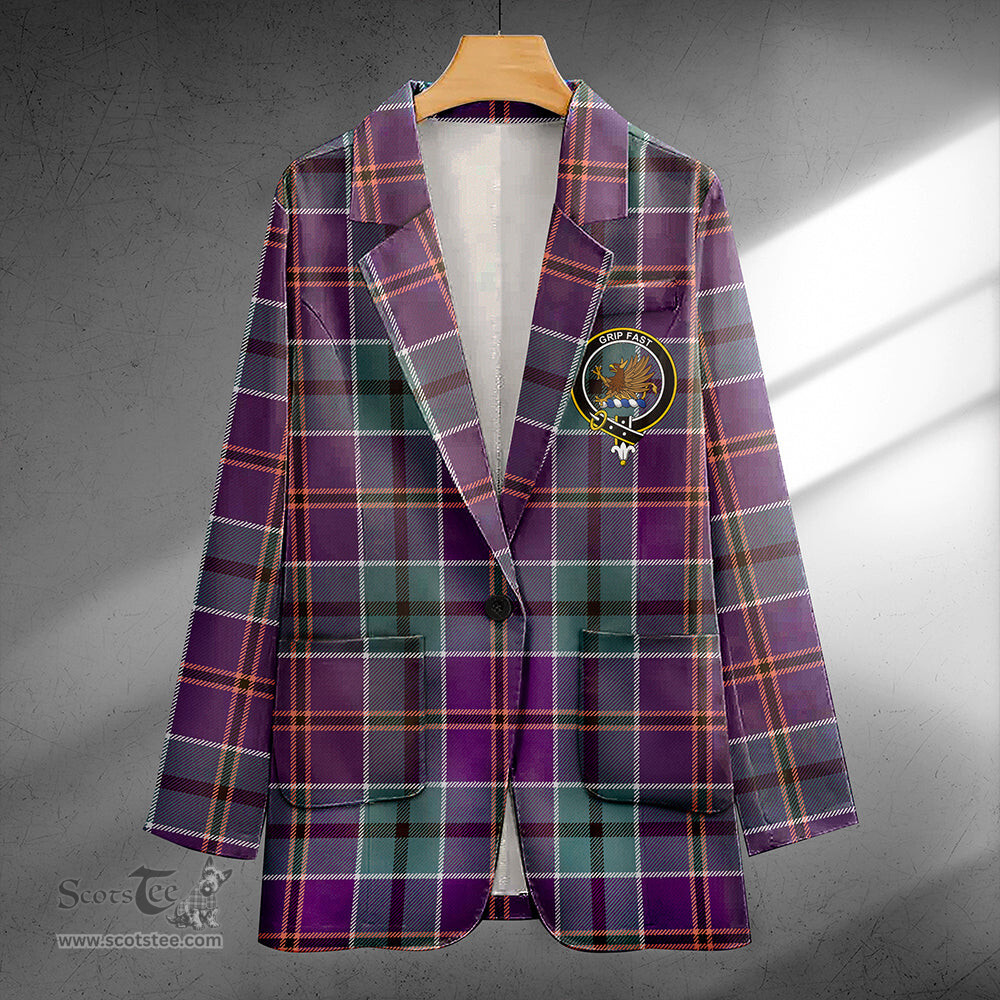 ScotsTee Shop Leslie of the Hebrides Weathered Clan Crest Casual Tartan Flat Lapel Collar Blazer Tartan Blazer Cotton
