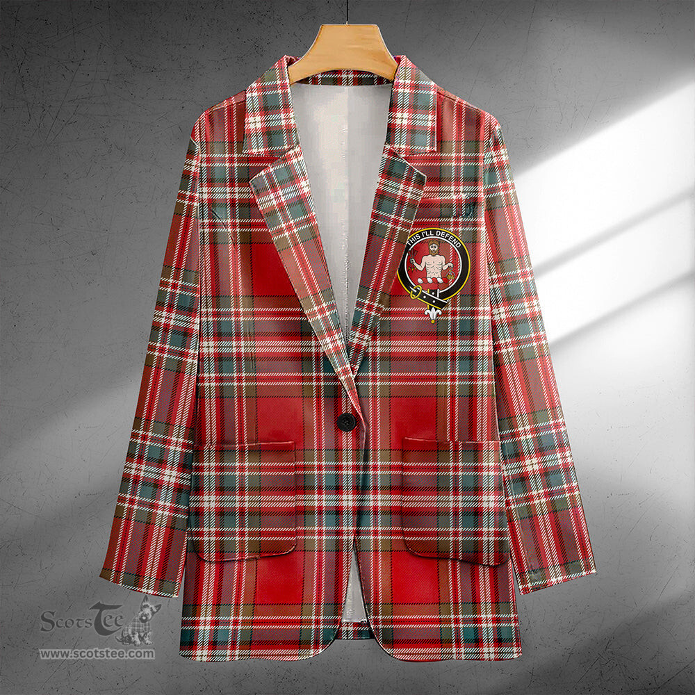 ScotsTee Shop MacFarlane Red Weathered Clan Crest Casual Tartan Flat Lapel Collar Blazer Tartan Blazer Cotton