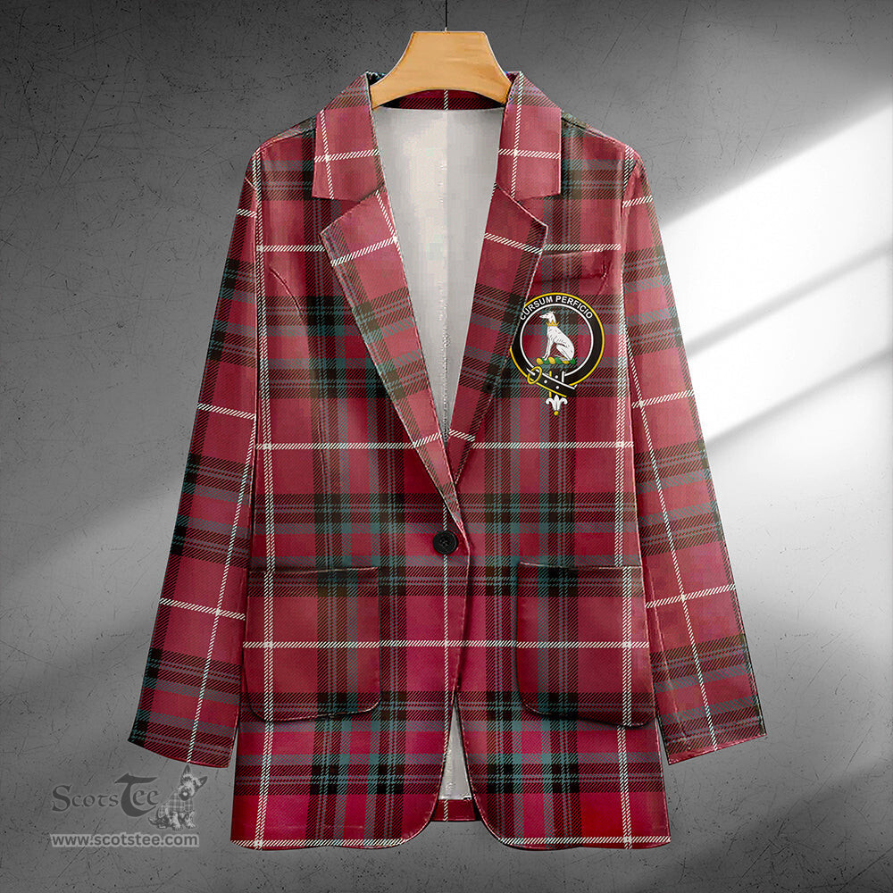 ScotsTee Shop Hunter of Bute (Hunter Maroon) Weathered Clan Crest Casual Tartan Flat Lapel Collar Blazer Tartan Blazer Cotton