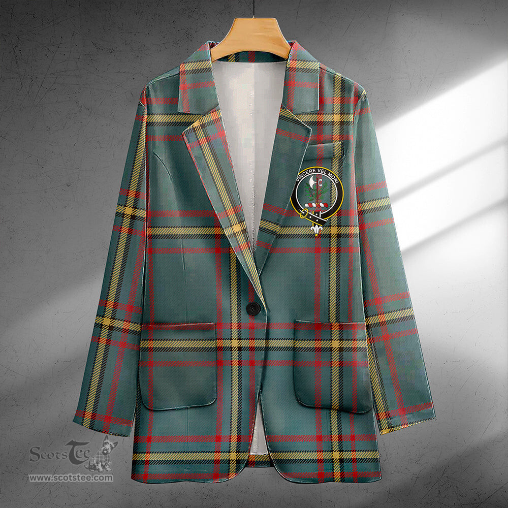 ScotsTee Shop MacLaine of LochBuie Hunting (MacLaine) Weathered Clan Crest Casual Tartan Flat Lapel Collar Blazer Tartan Blazer Cotton