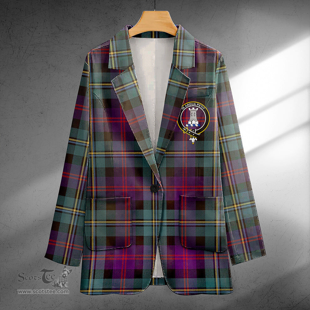 ScotsTee Shop Malcolm Weathered Clan Crest Casual Tartan Flat Lapel Collar Blazer Tartan Blazer Cotton
