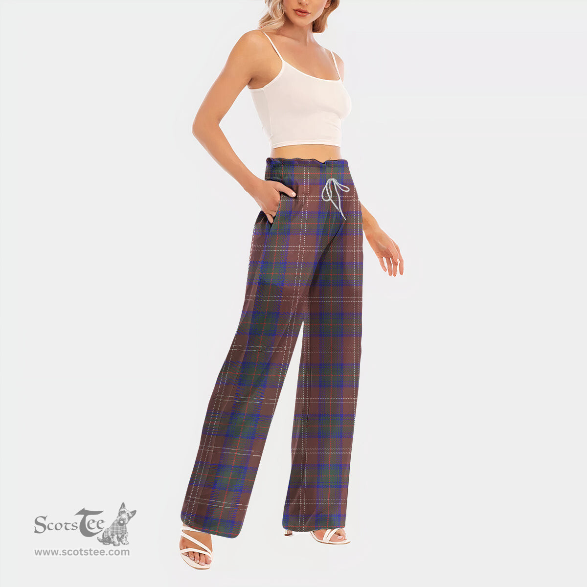 ScotsTee Shop Scottish Chisholm Hunting Modern Clan Tartan Womens Waist Fungus Edge Wide Leg Pants Tartan Pants