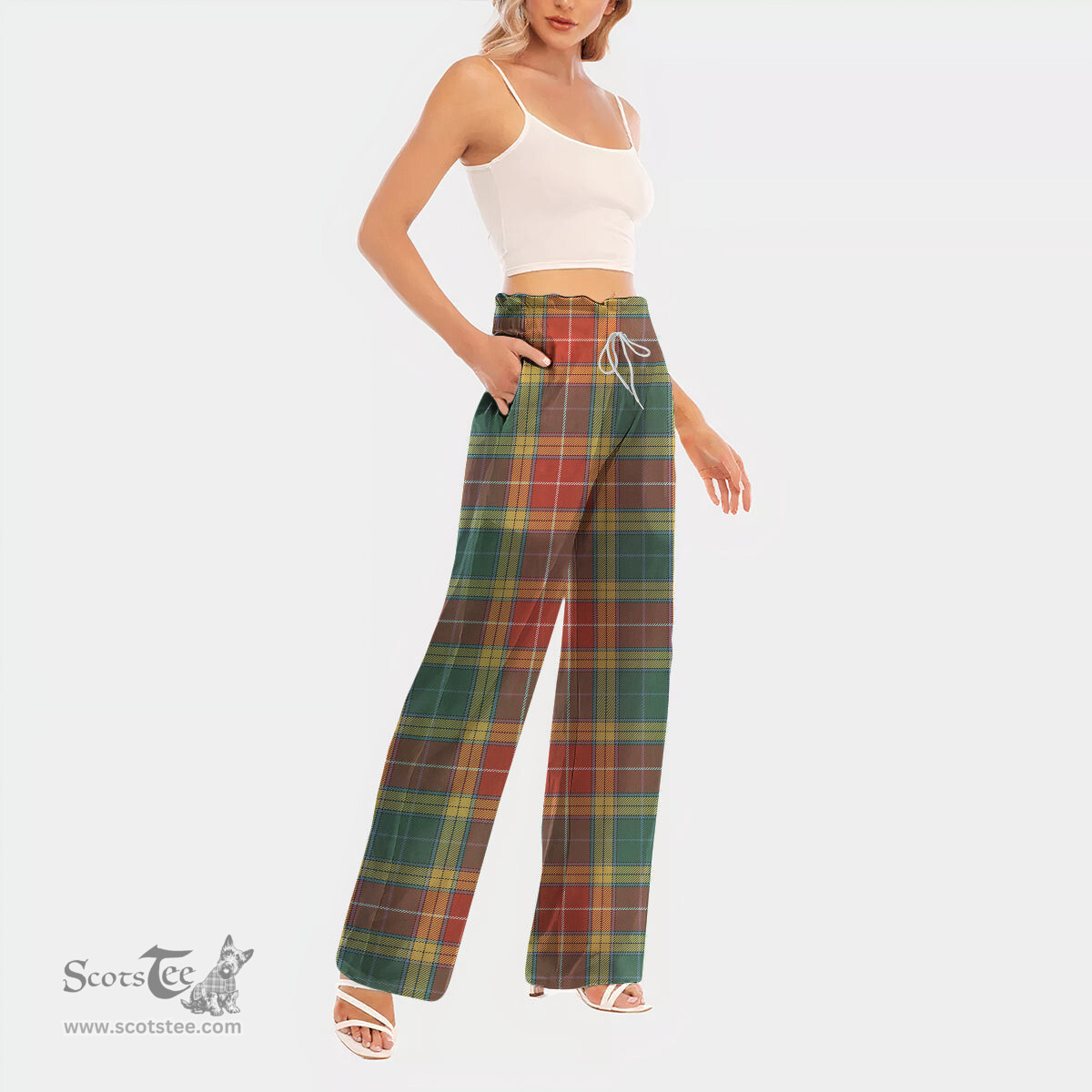 ScotsTee Shop Scottish Buchanan Old Sett Clan Tartan Womens Waist Fungus Edge Wide Leg Pants Tartan Pants