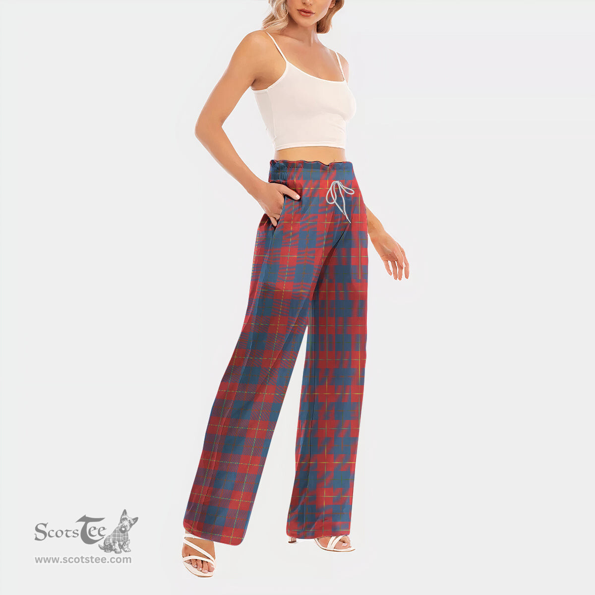 ScotsTee Shop Scottish Galloway Red Clan Tartan Womens Waist Fungus Edge Wide Leg Pants Tartan Pants