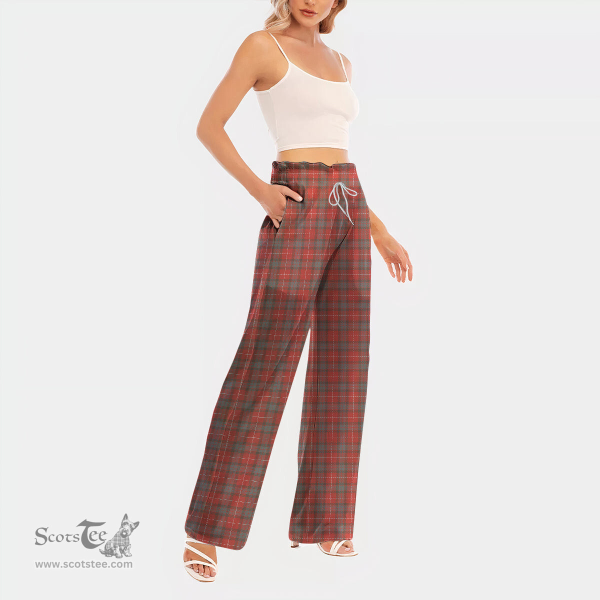 ScotsTee Shop Scottish Fraser Weathered Clan Tartan Womens Waist Fungus Edge Wide Leg Pants Tartan Pants