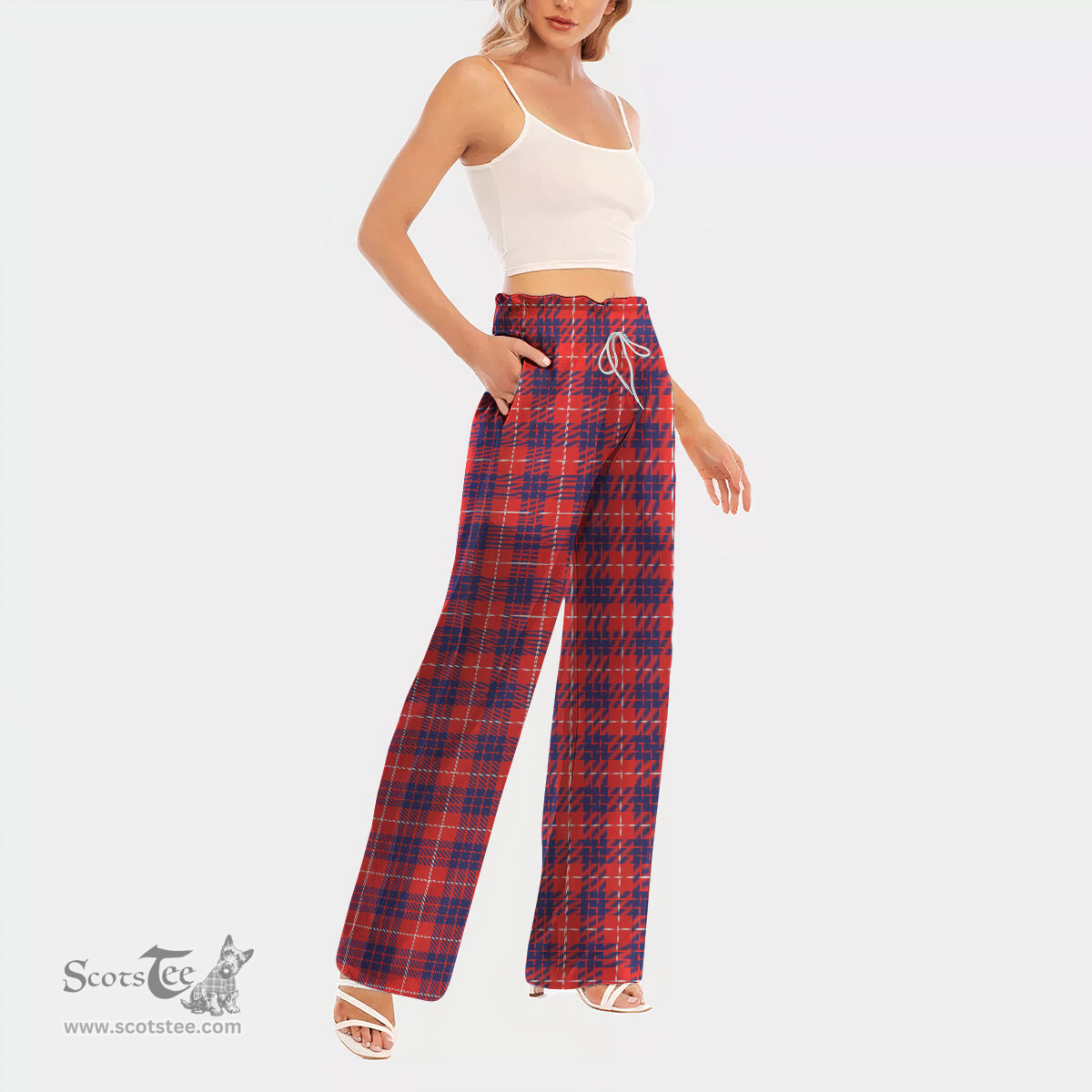 ScotsTee Shop Scottish Hamilton Modern Clan Tartan Womens Waist Fungus Edge Wide Leg Pants Tartan Pants
