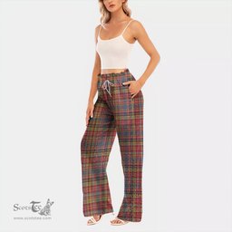 ScotsTee Shop Scottish Drummond of Strathallan Clan Tartan Womens Waist Fungus Edge Wide Leg Pants Tartan Pants