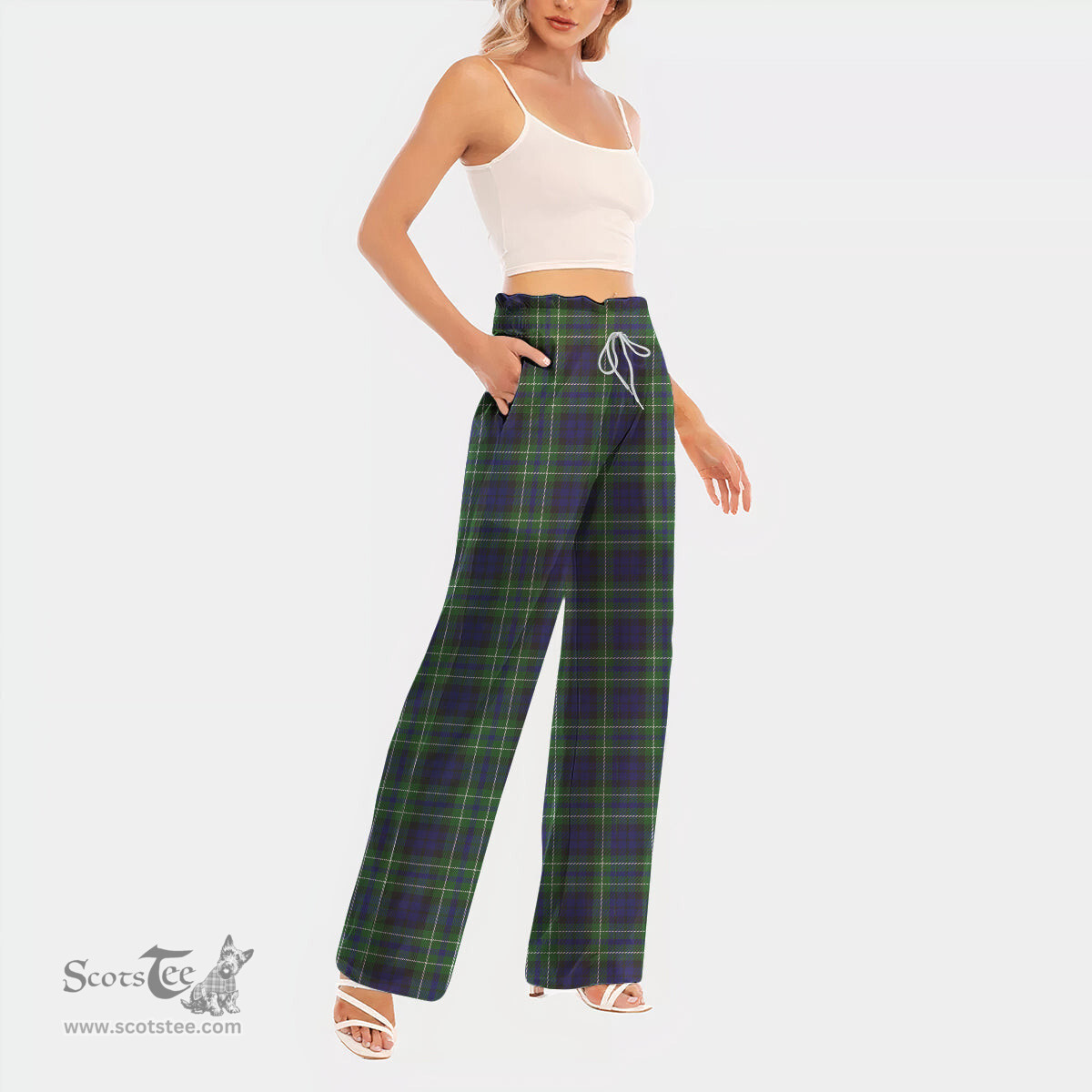 ScotsTee Shop Scottish MacNeil of Colonsay Modern Clan Tartan Womens Waist Fungus Edge Wide Leg Pants Tartan Pants
