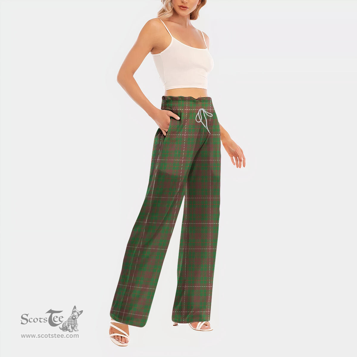 ScotsTee Shop Scottish MacKinnon Hunting Modern Clan Tartan Womens Waist Fungus Edge Wide Leg Pants Tartan Pants