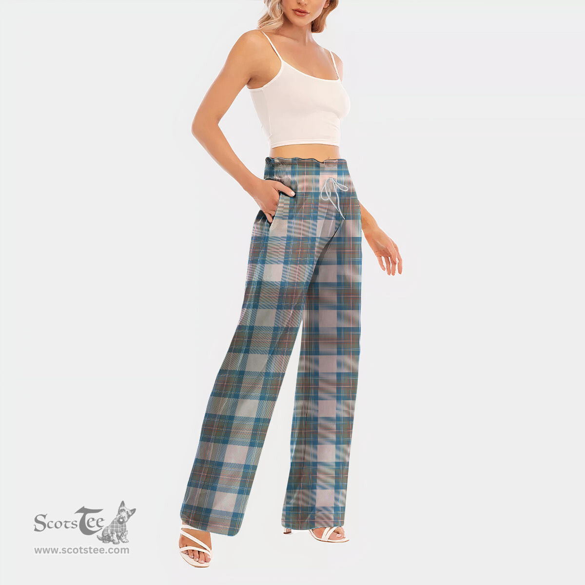 ScotsTee Shop Scottish Stewart Muted Blue Clan Tartan Womens Waist Fungus Edge Wide Leg Pants Tartan Pants