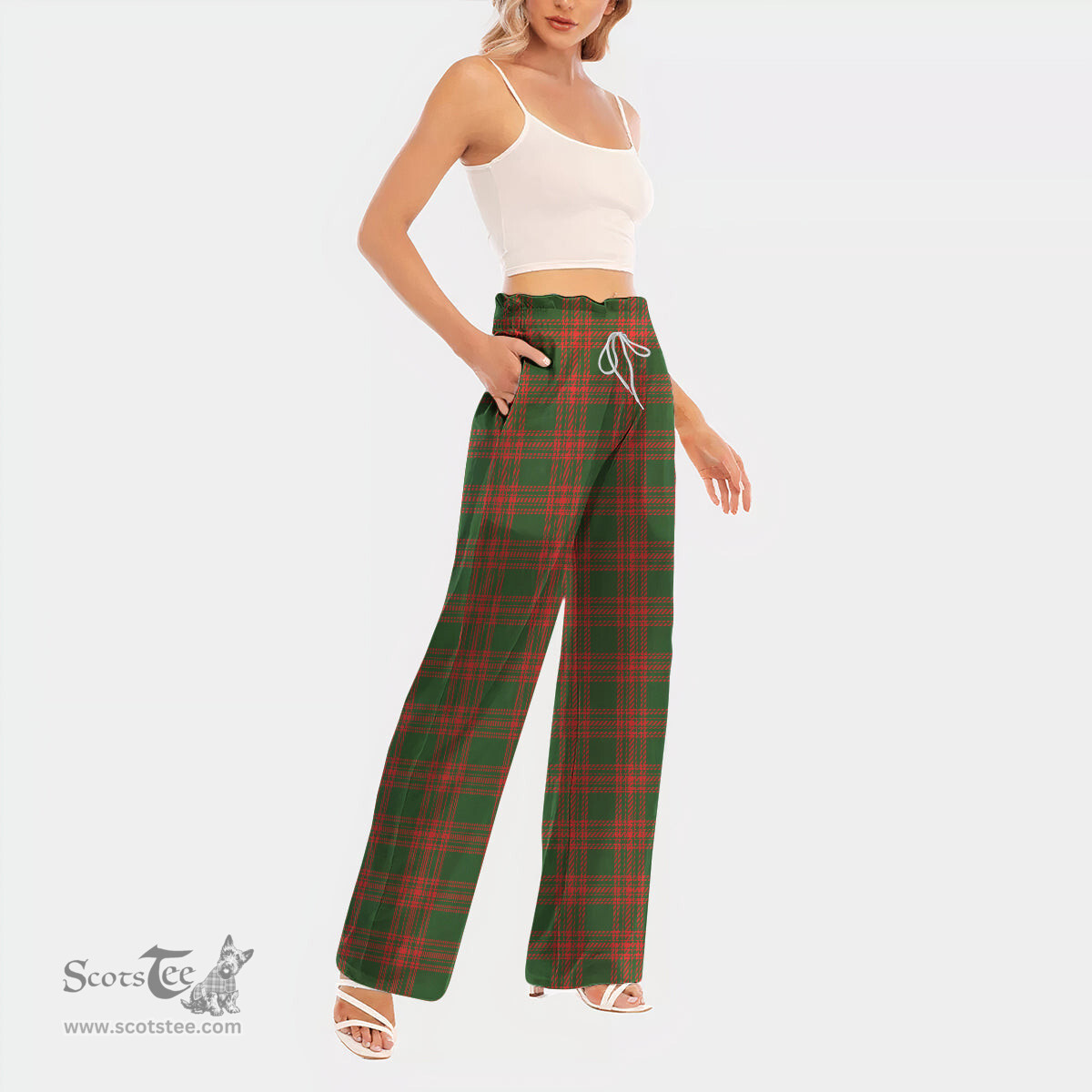 ScotsTee Shop Scottish Menzies Green Modern Clan Tartan Womens Waist Fungus Edge Wide Leg Pants Tartan Pants