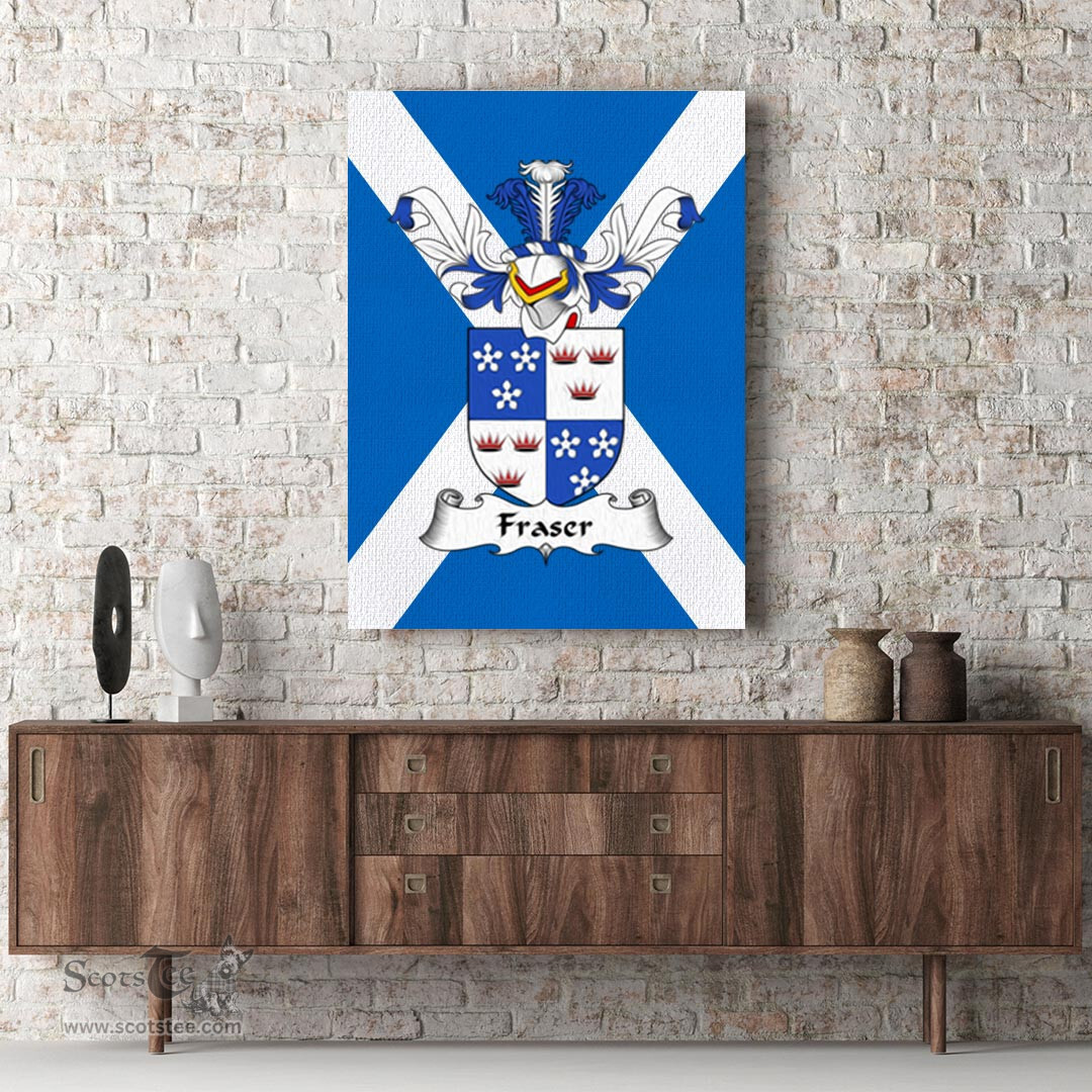 ScotsTee Shop Scottish Fraser _of Lovat Clan Family Crest Scottish Flag Framed Canvas Print