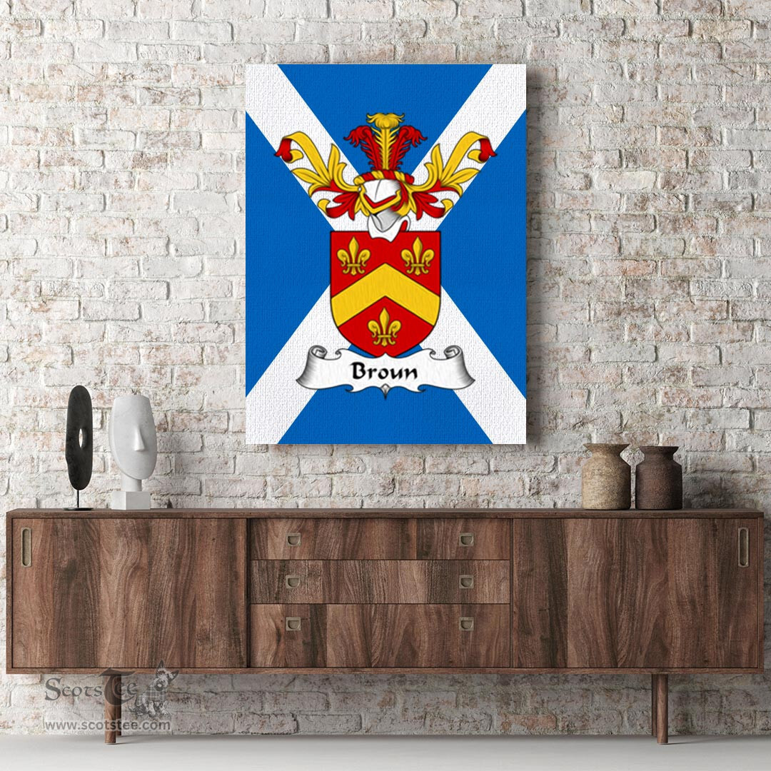 ScotsTee Shop Scottish Broun or Brown Clan Family Crest Scottish Flag Framed Canvas Print