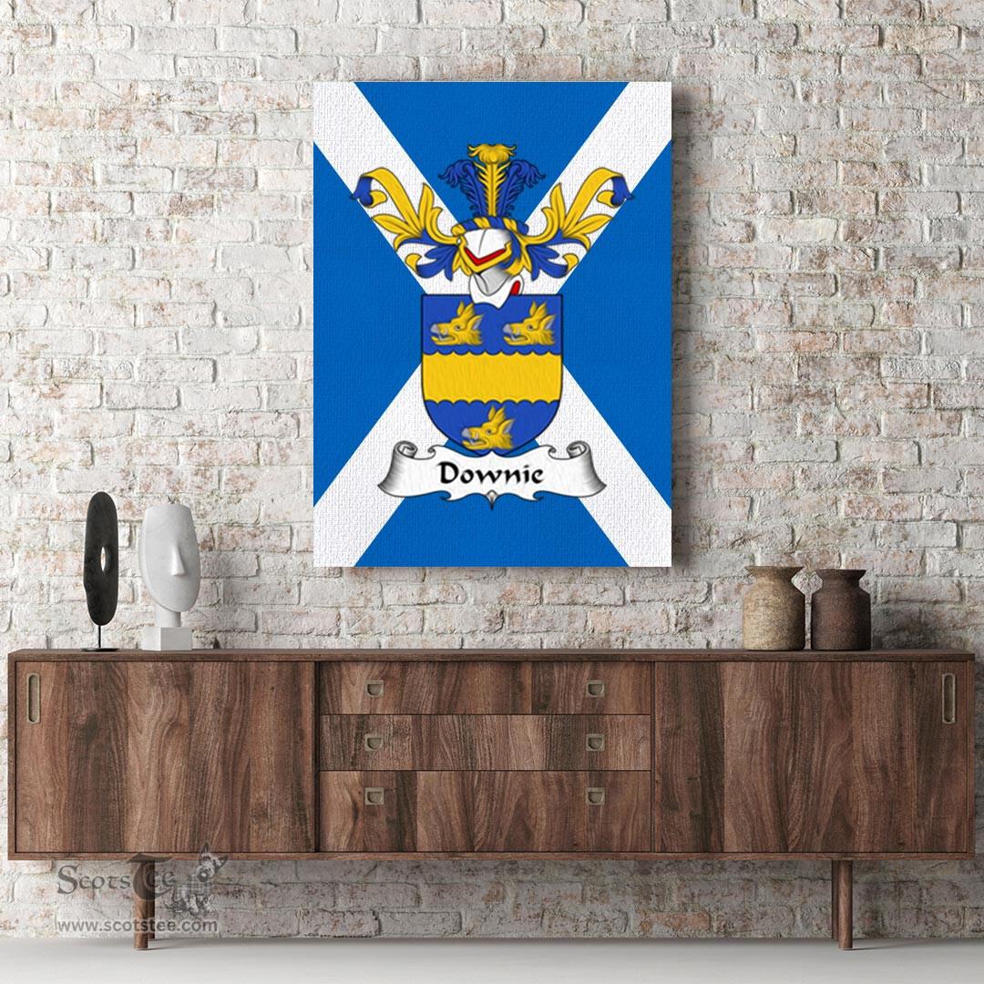 ScotsTee Shop Scottish Downie or Downey Clan Family Crest Scottish Flag Framed Canvas Print
