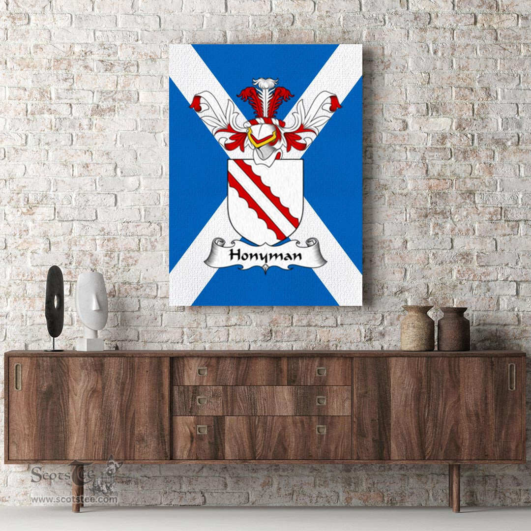 ScotsTee Shop Scottish Honyman Clan Family Crest Scottish Flag Framed Canvas Print