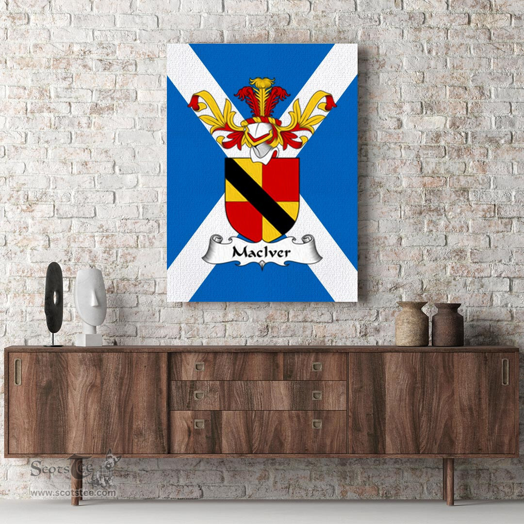 ScotsTee Shop Scottish MacIver or MacIvor Clan Family Crest Scottish Flag Framed Canvas Print