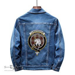 ScotsTee Shop Scottish Cunningham Burgundy Dancers Clan Crest Tartan Scottish Denim Jacket