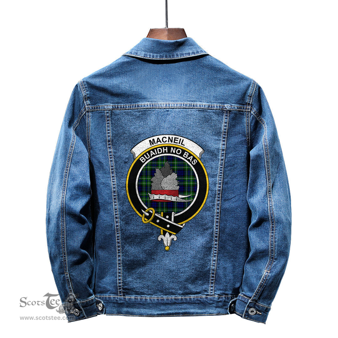 ScotsTee Shop Scottish MacNeil of Colonsay Modern Clan Crest Tartan Scottish Denim Jacket