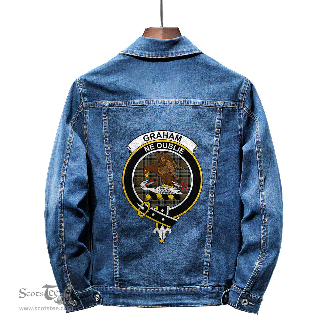 ScotsTee Shop Scottish Graham of Menteith Weathered Clan Crest Tartan Scottish Denim Jacket