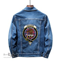 ScotsTee Shop Scottish Graham of Menteith Red Clan Crest Tartan Scottish Denim Jacket