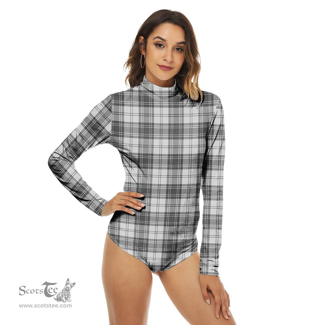 Scottish Douglas Grey Modern Clan Tartan Womens Long Sleeve Turtleneck Bodysuit