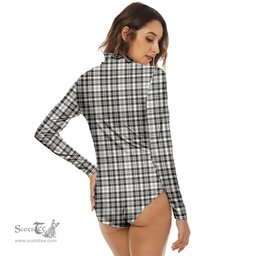 Scottish Scott Black White Ancient Clan Tartan Womens Long Sleeve Turtleneck Bodysuit