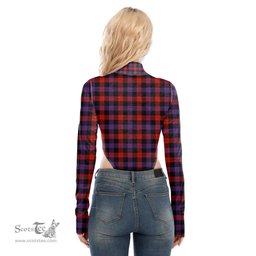 Scottish Brown Modern Clan Tartan Womens Turtleneck High Cut Bodysuit Stretchy Jumpsuit