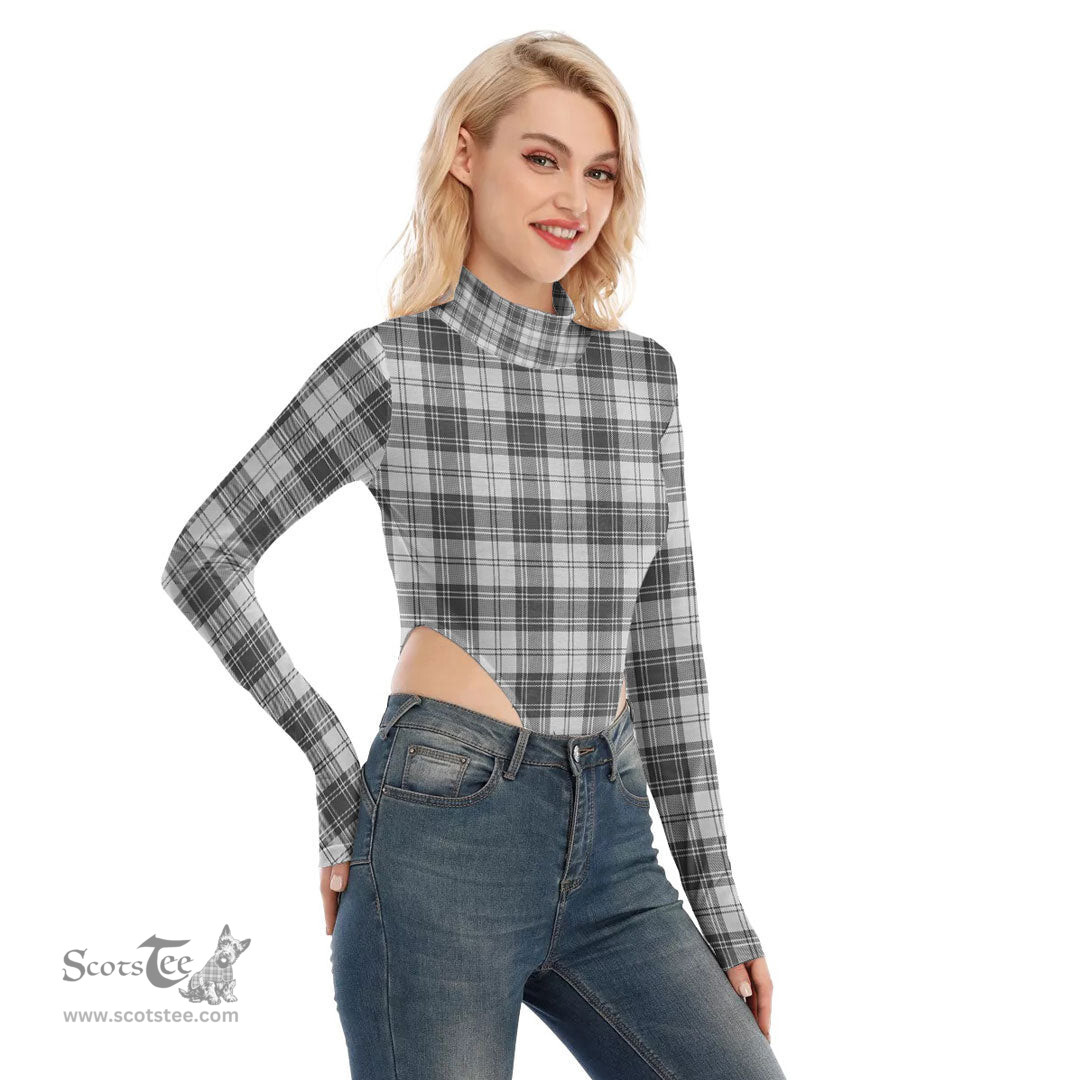 Scottish Douglas Grey Modern Clan Tartan Womens Turtleneck High Cut Bodysuit Stretchy Jumpsuit