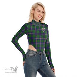 Scottish Carmichael Modern Clan Crest Tartan Womens Turtleneck High Cut Bodysuit Stretchy Jumpsuit