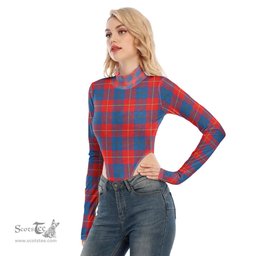 Scottish Galloway Red Clan Tartan Womens Turtleneck High Cut Bodysuit Stretchy Jumpsuit